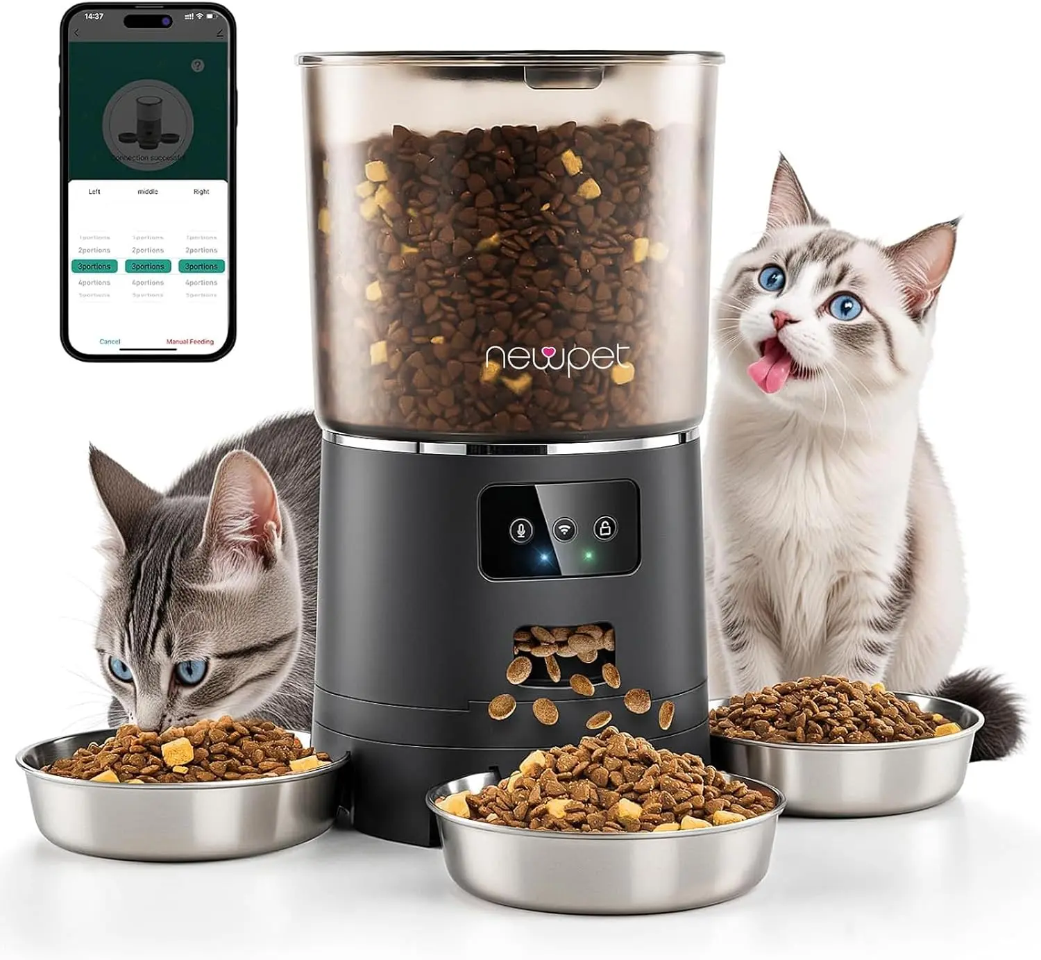 Comedouro automático Newpet de 6 litros com três tigelas e Wi-Fi
